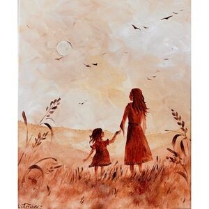 “Holding On” – Mother and Daughter Painting | Warm Beige Acrylic Art Family Love